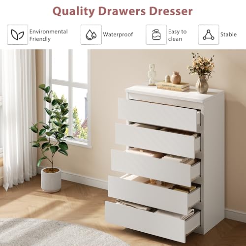 5 Drawer Dresser for Bedroom, White Dresser Chest of Drawers, Tall Dressers for Bedroom with Handleless Drawers, 15" D x 23.7" W x 40.4" H Storage Dressers for Living Room, Hallway and Entryway-White