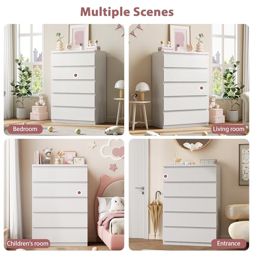 5 Drawer Dresser for Bedroom, White Dresser Chest of Drawers, Tall Dressers for Bedroom with Handleless Drawers, 15" D x 23.7" W x 40.4" H Storage Dressers for Living Room, Hallway and Entryway-White