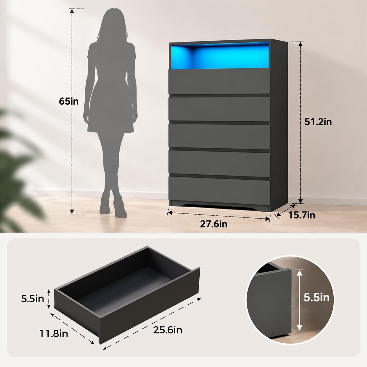 BEWISHOME Tall Dresser for Bedroom with 5 Drawers, LED Light