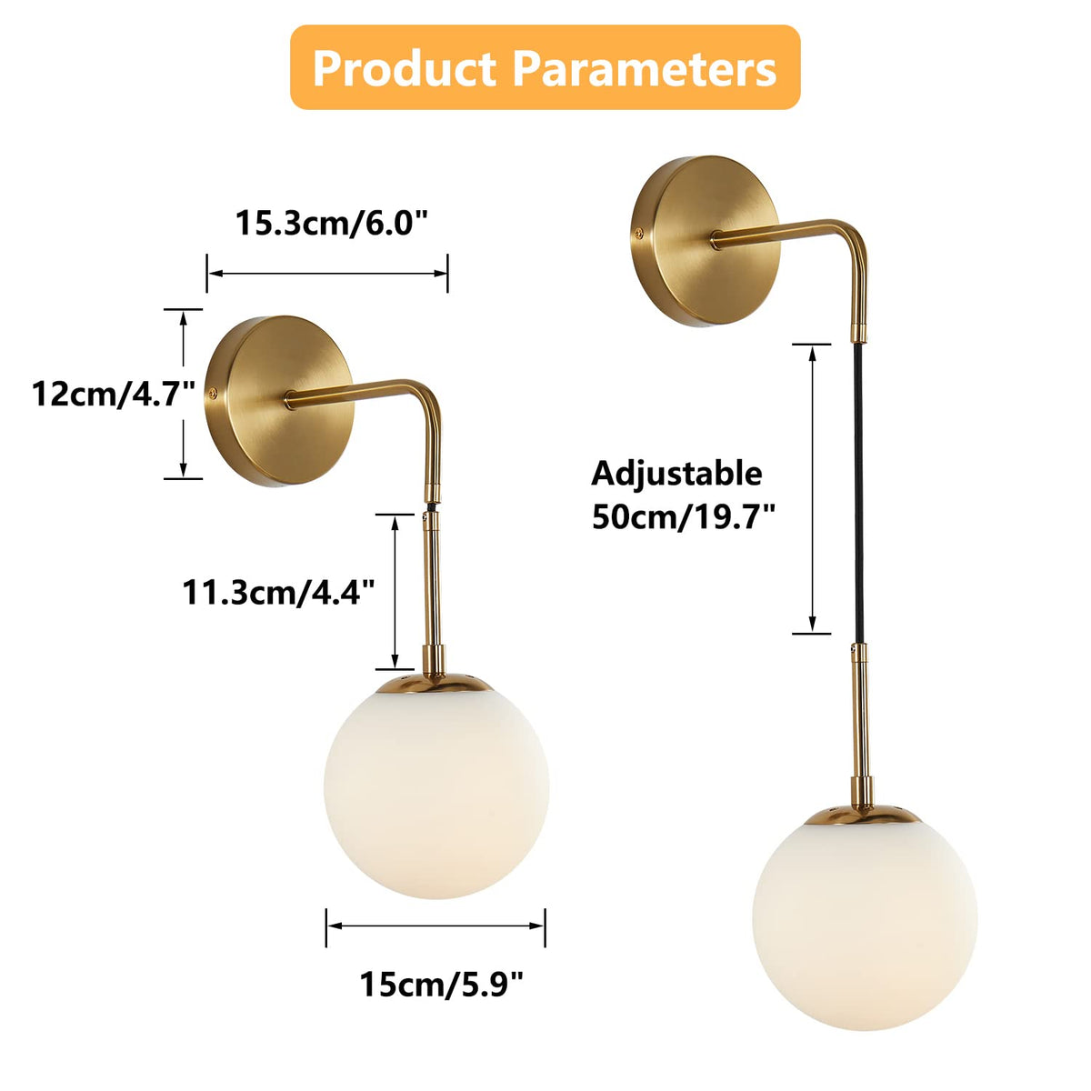 KCO Mid-Century Adjustable Brass Wall Light with Glass Shade
