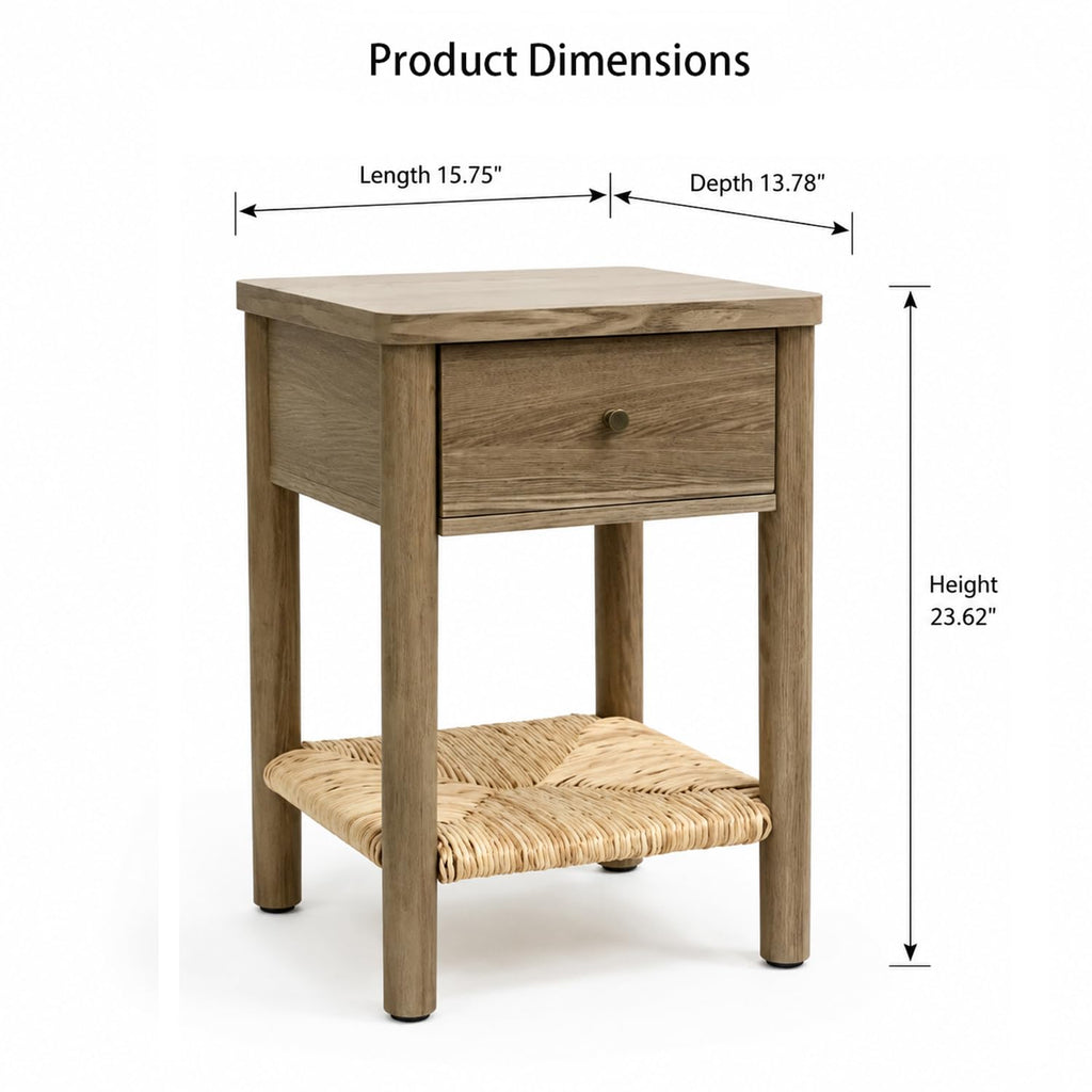 GDFStudio Wooden Nightstand with Jute Shelf & Drawer