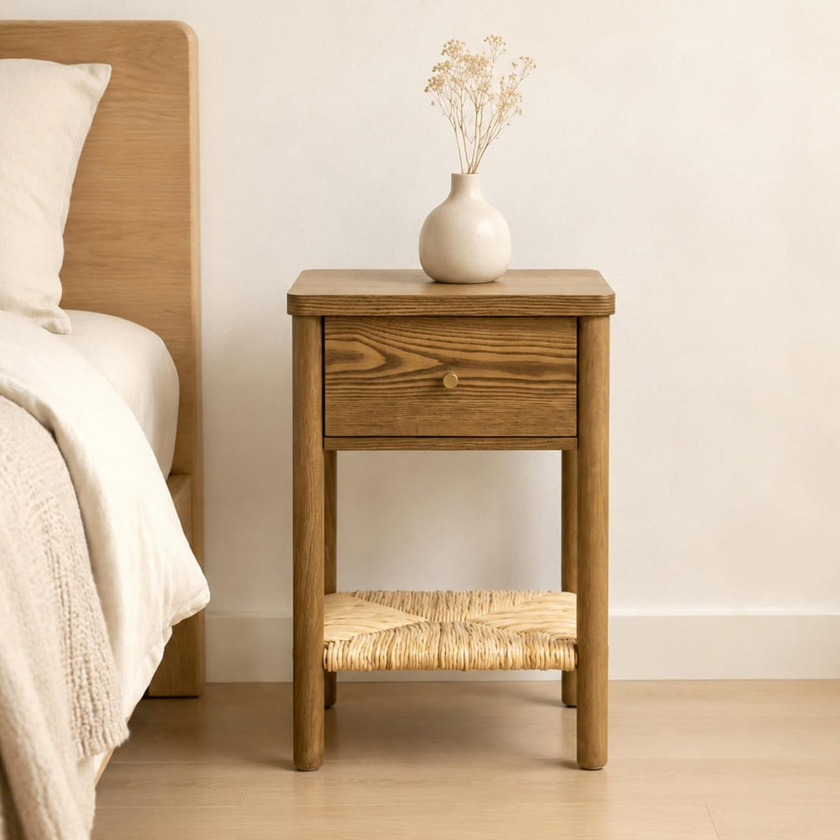 GDFStudio Wooden Nightstand with Jute Shelf & Drawer