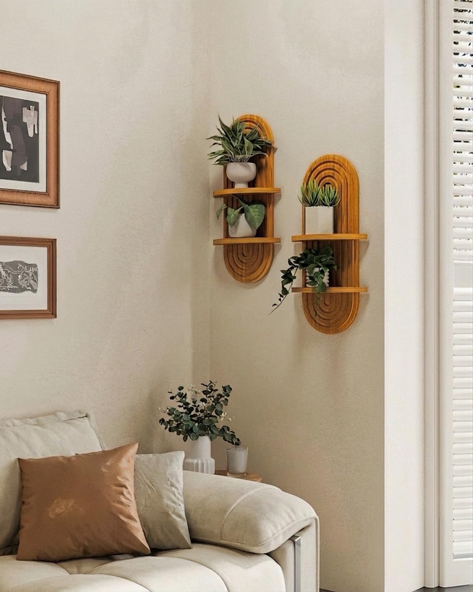 Bamworld Boho 2-Tier Wooden Plant Wall Shelf & Holder