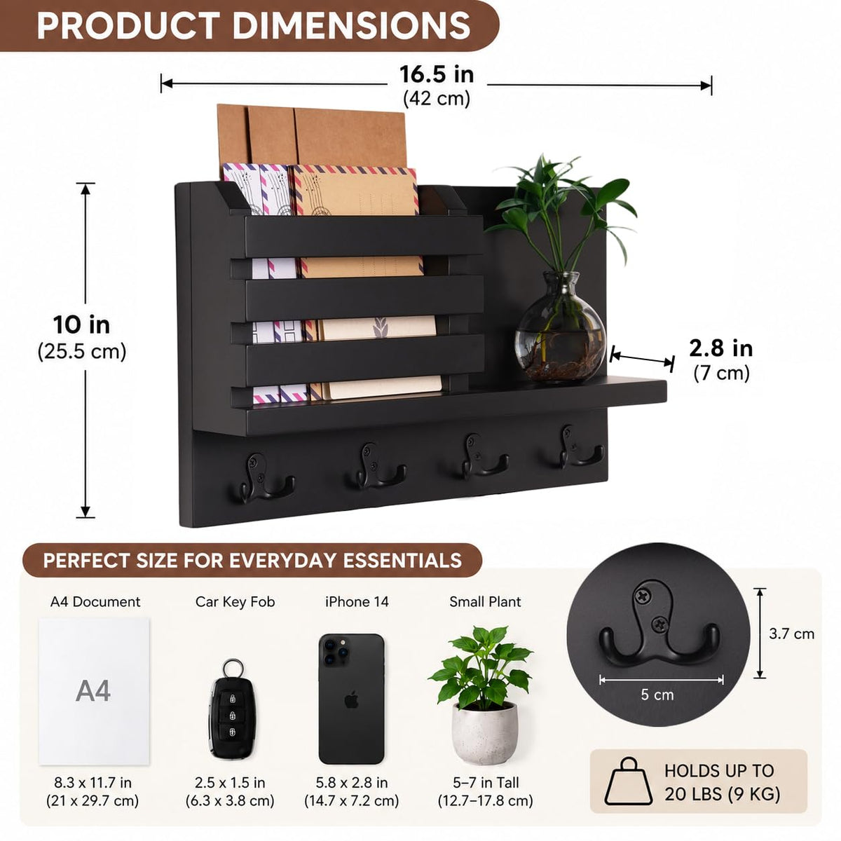 BAWADE Modern Wooden Entryway Wall Shelf with Hooks