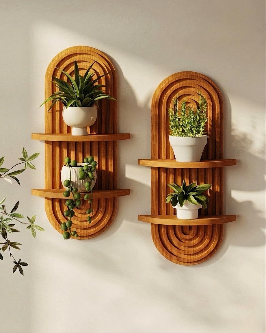 Bamworld Boho 2-Tier Wooden Plant Wall Shelf & Holder