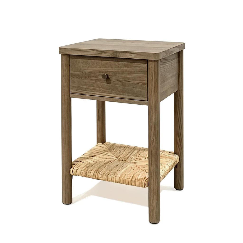 GDFStudio Wooden Nightstand with Jute Shelf & Drawer
