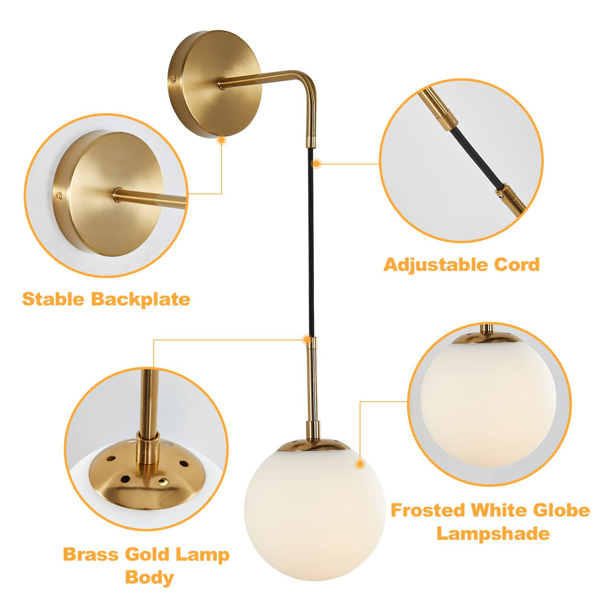 KCO Mid-Century Adjustable Brass Wall Light with Glass Shade