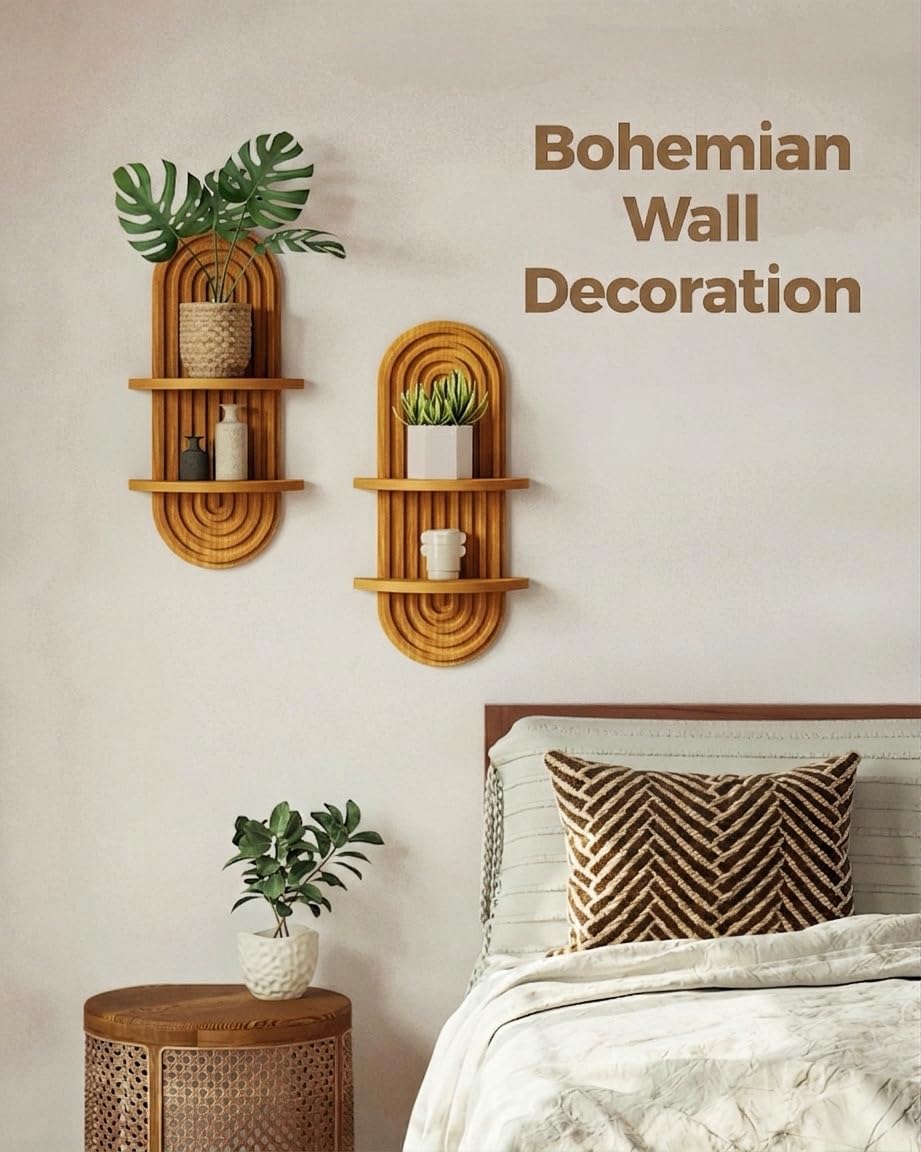 Bamworld Boho 2-Tier Wooden Plant Wall Shelf & Holder
