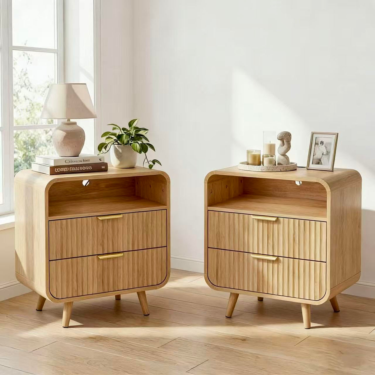 Curved 2-Drawer Nightstand with Charging Station & LED Light