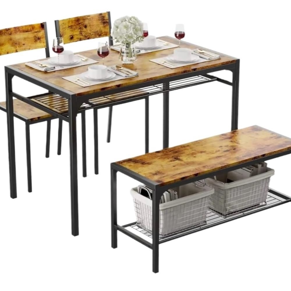 HYgloF 4-Piece Dining Table Set with Bench & 2 Chairs