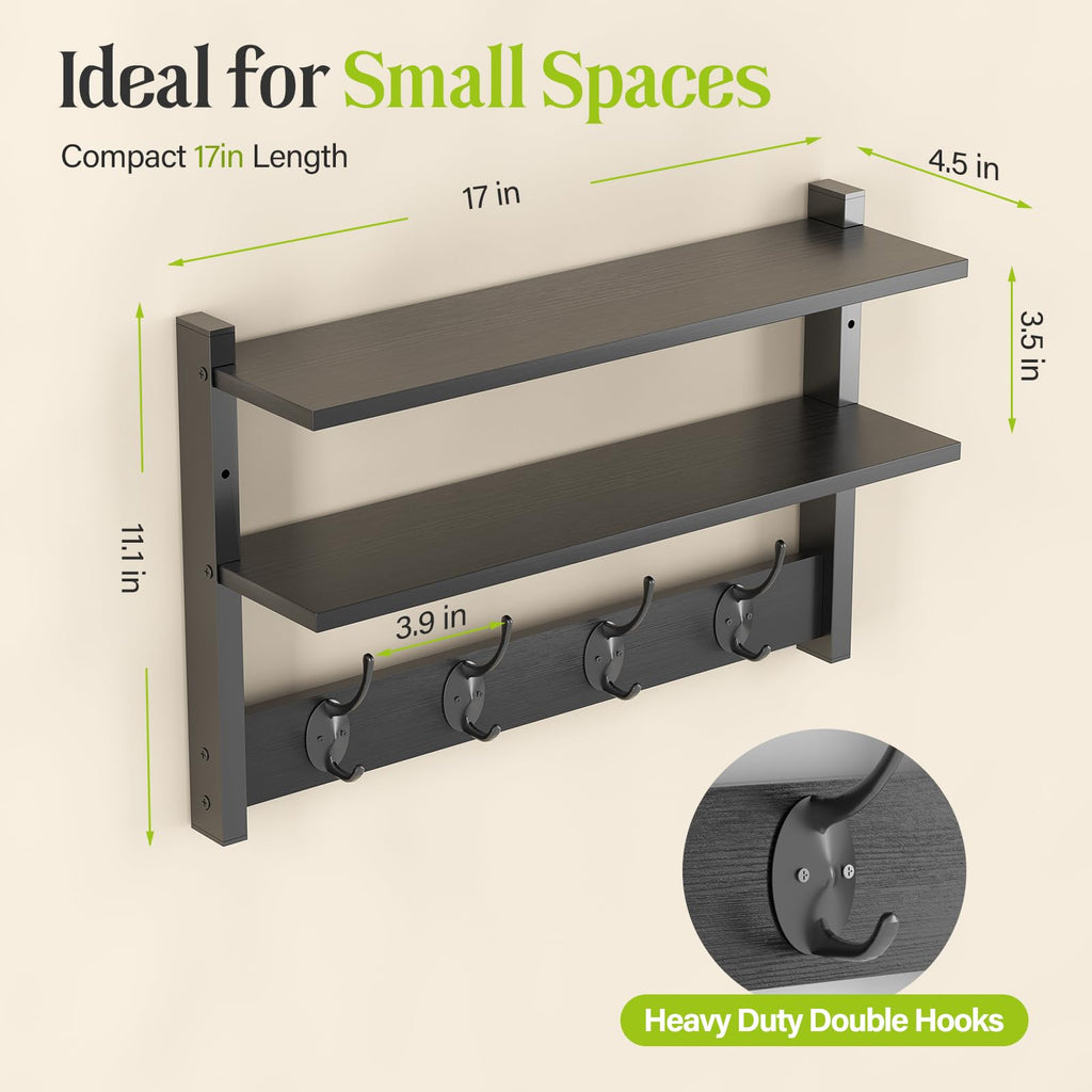 Orapoke 17-Inch Wall Shelf with 5 Double Coat Hooks