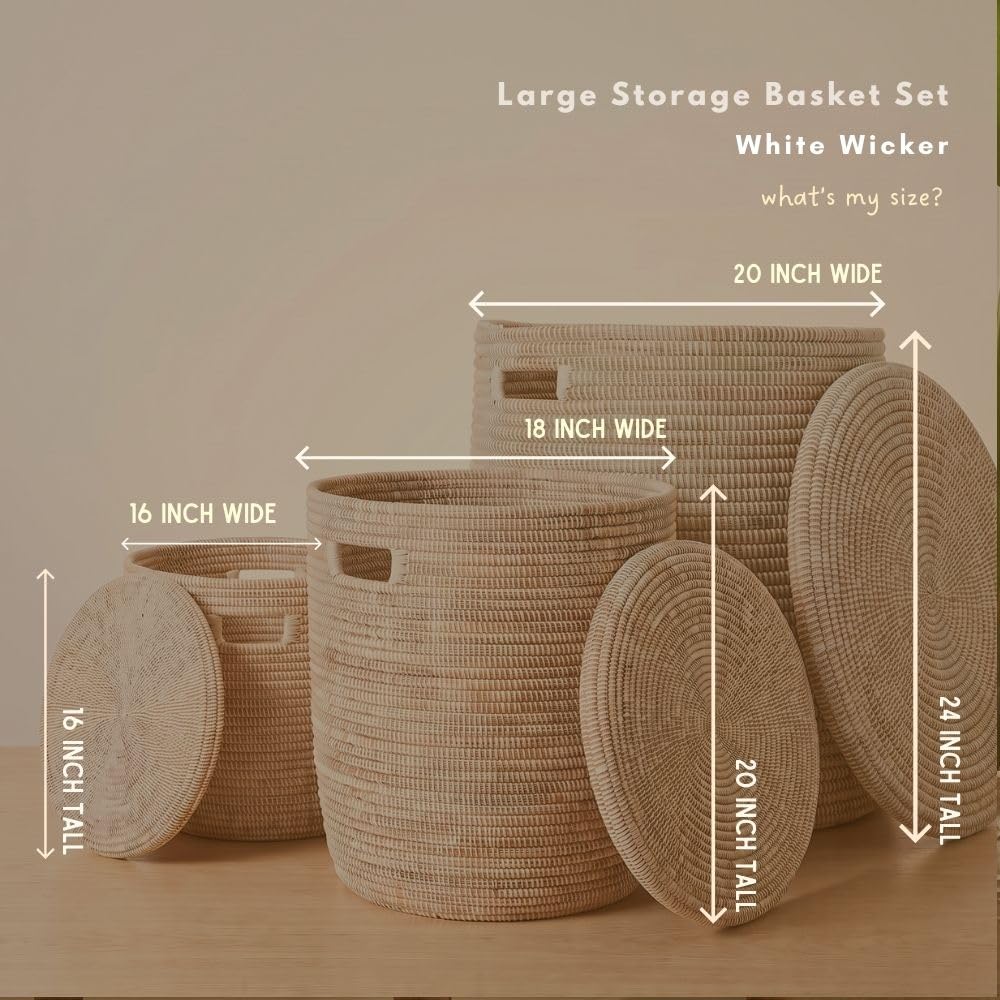 Decorative White Woven Wicker Storage Basket with Lid