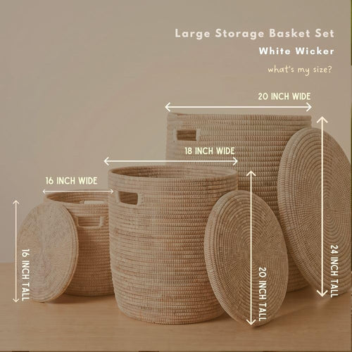 Decorative White Woven Wicker Storage Basket with Lid
