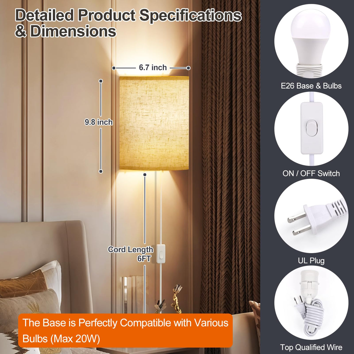 Yunaking Dimmable Plug-In Wall Sconces, Set of 2