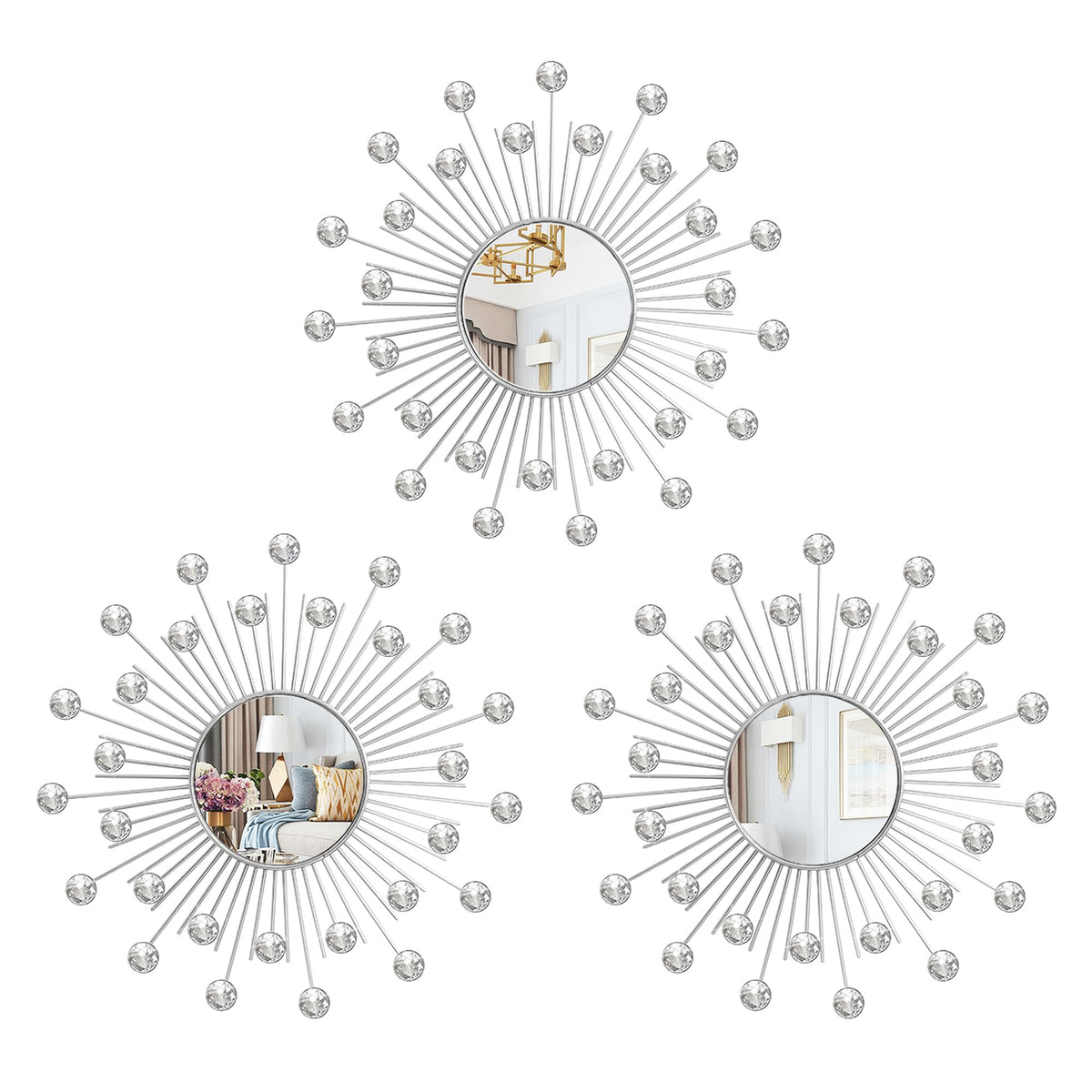 Gold Metal Sunburst Decorative Wall Mirrors, Set of 3