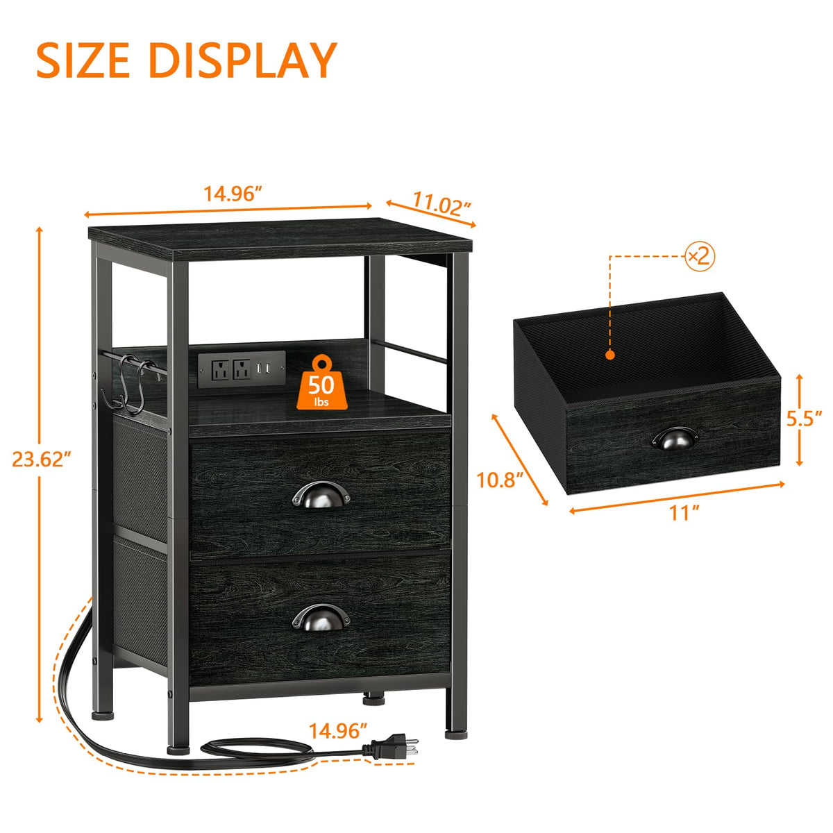 Furologee Nightstands with Charging Station, Set of 2