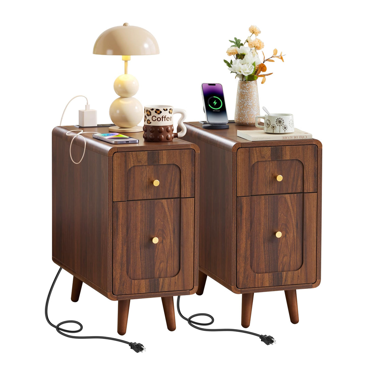Slim Nightstand End Table with Built-In Charging Station