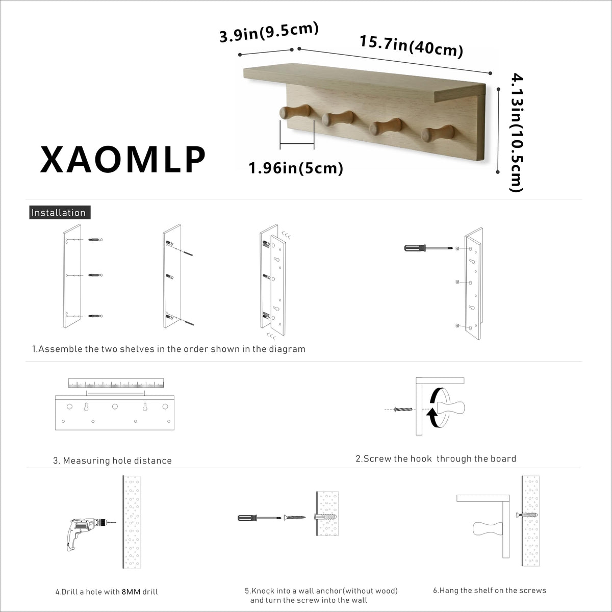 XAOMLP Wooden Wall-Mounted Coat Rack with Hooks