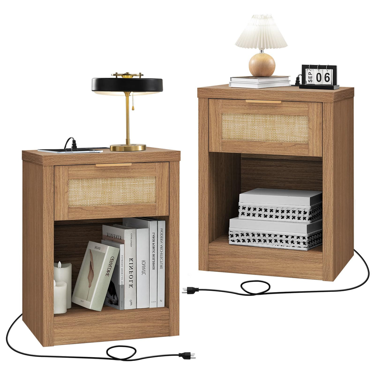 OAKHAM Boho Nightstand with Drawer & Storage Shelf