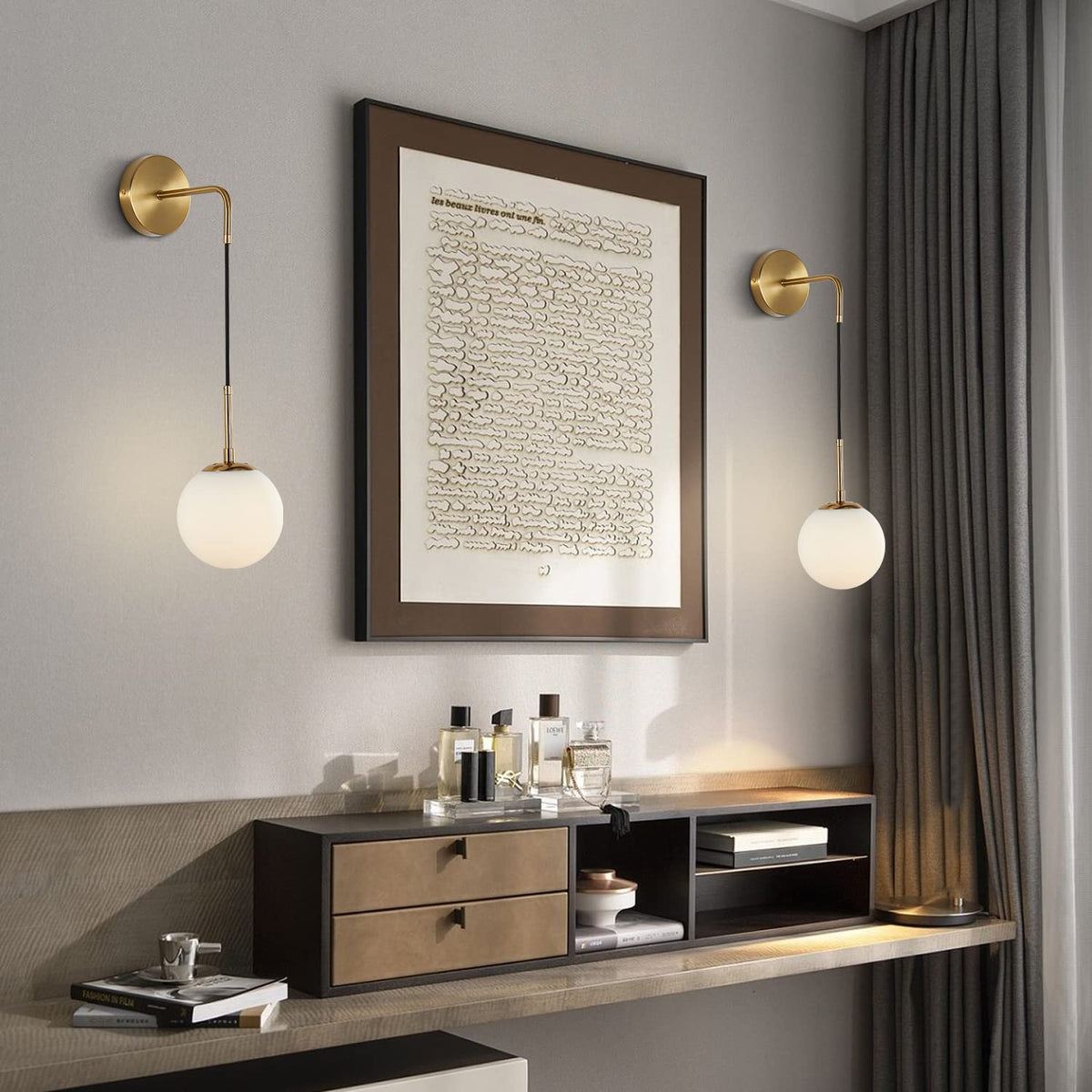KCO Mid-Century Adjustable Brass Wall Light with Glass Shade