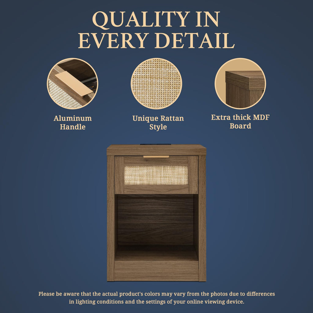 OAKHAM Boho Nightstand with Drawer & Storage Shelf