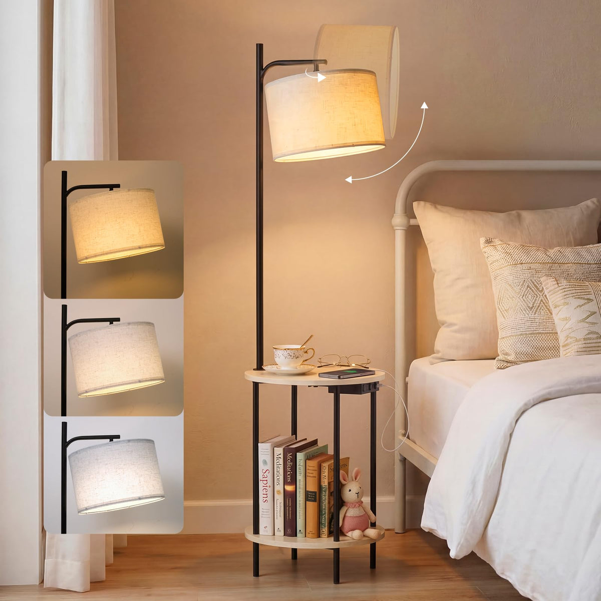 ONEWISH Floor Lamp with Side Table & USB Charging Ports