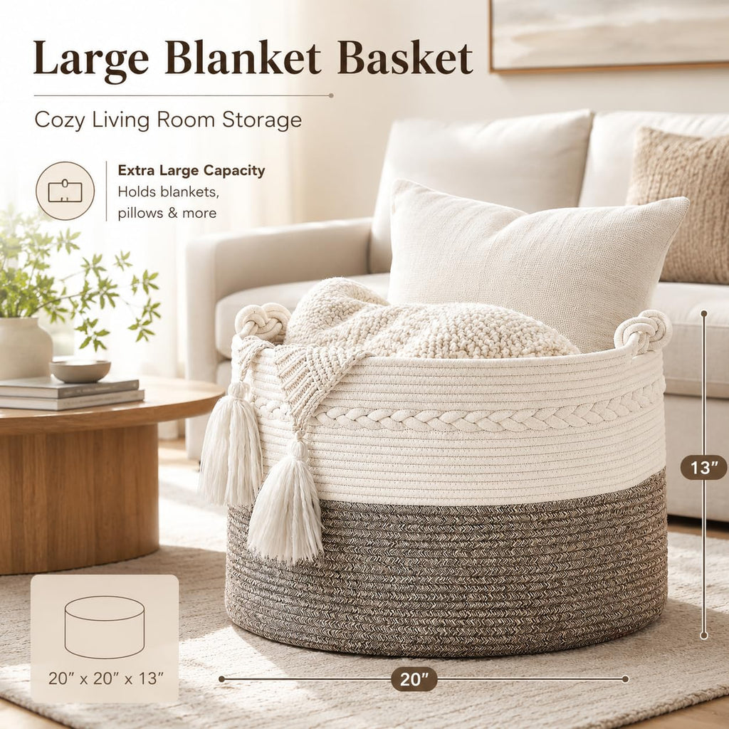 KAKAMAY 20 x 13-Inch Woven Cotton Rope Storage Basket