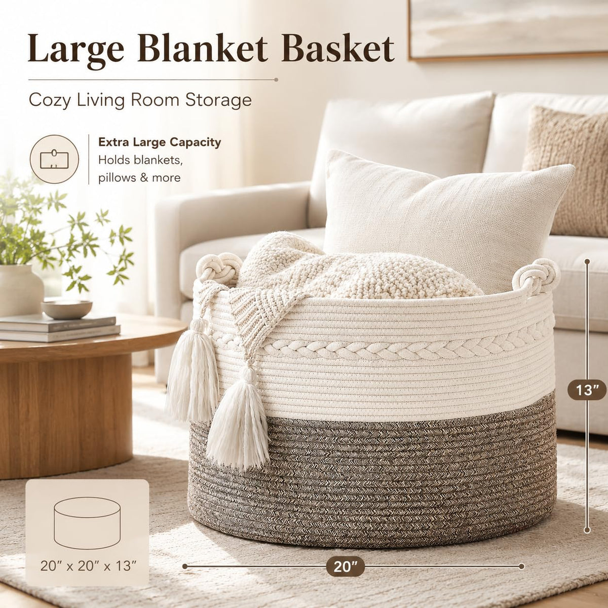 KAKAMAY 20 x 13-Inch Woven Cotton Rope Storage Basket
