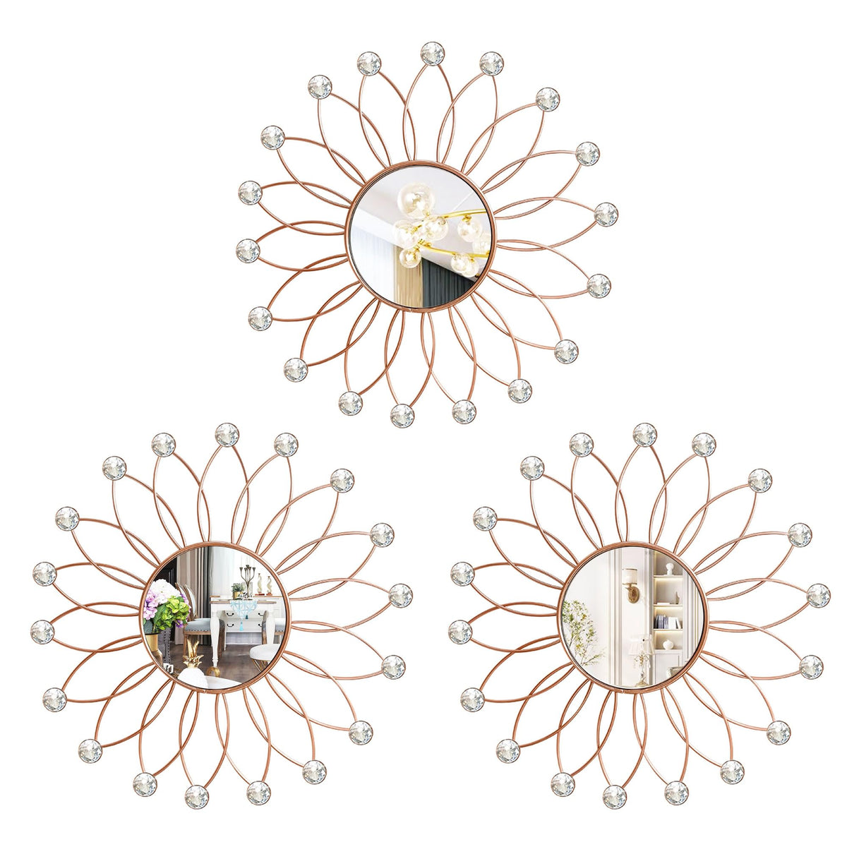 Gold Metal Sunburst Decorative Wall Mirrors, Set of 3