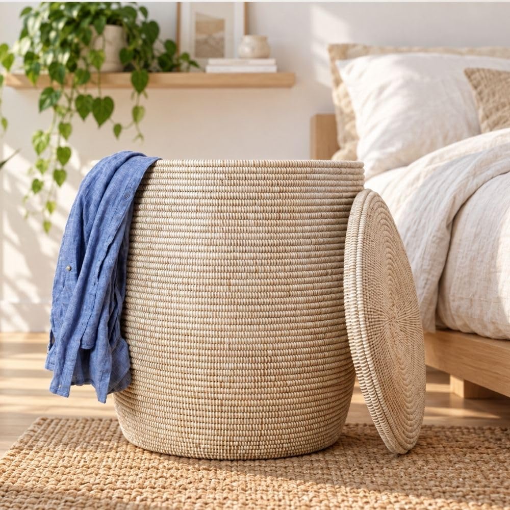 Decorative White Woven Wicker Storage Basket with Lid
