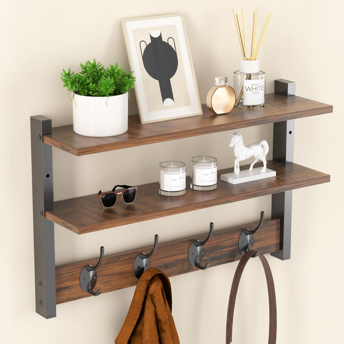 Orapoke 17-Inch Wall Shelf with 5 Double Coat Hooks