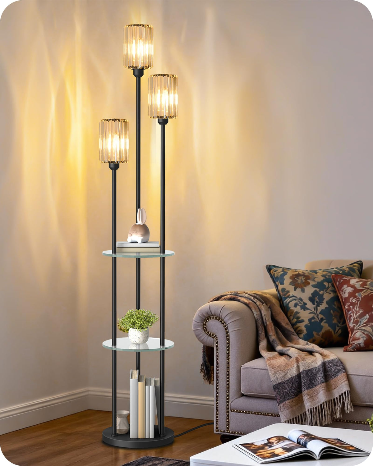 GOEBLESON 3-Light Floor Lamp with Shelves & Foot Switch