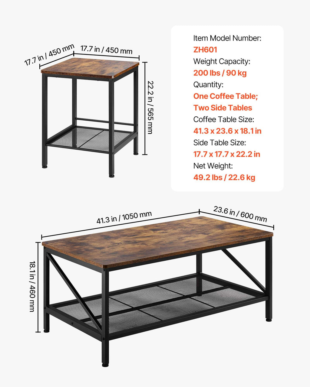 VEVOR 3-Piece Living Room Coffee and Side Table Set