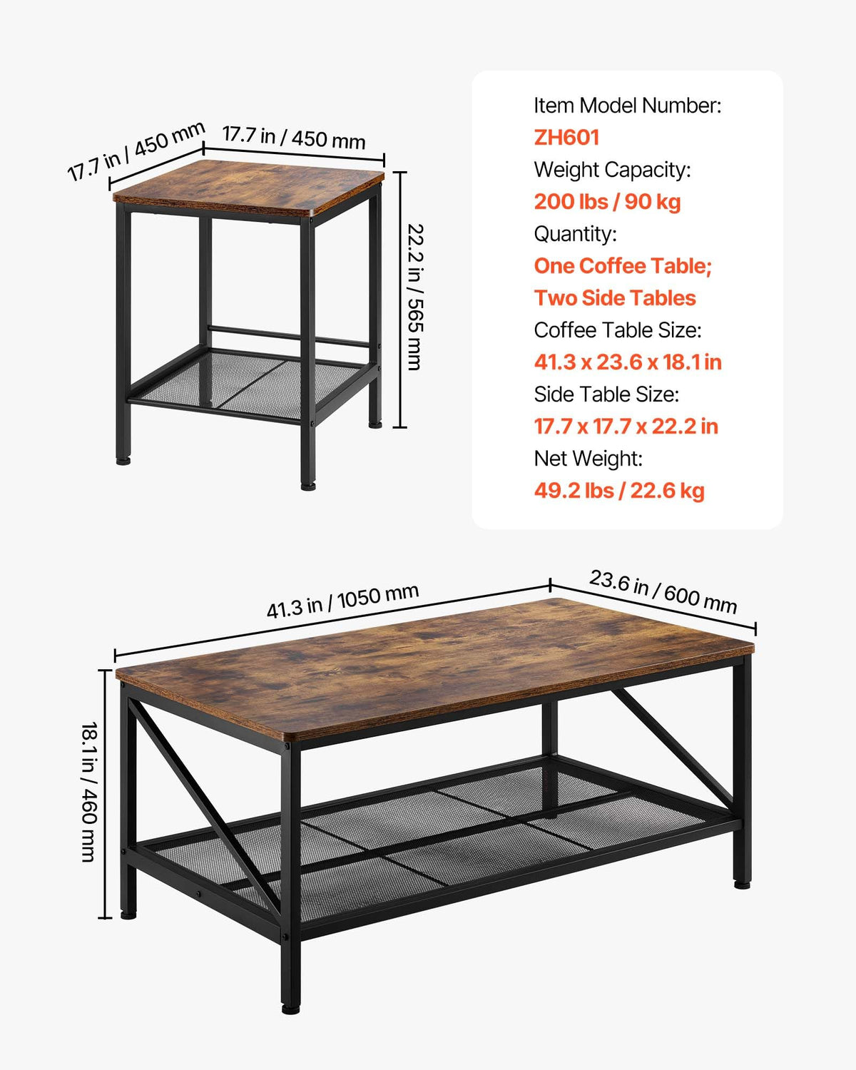 VEVOR 3-Piece Living Room Coffee and Side Table Set