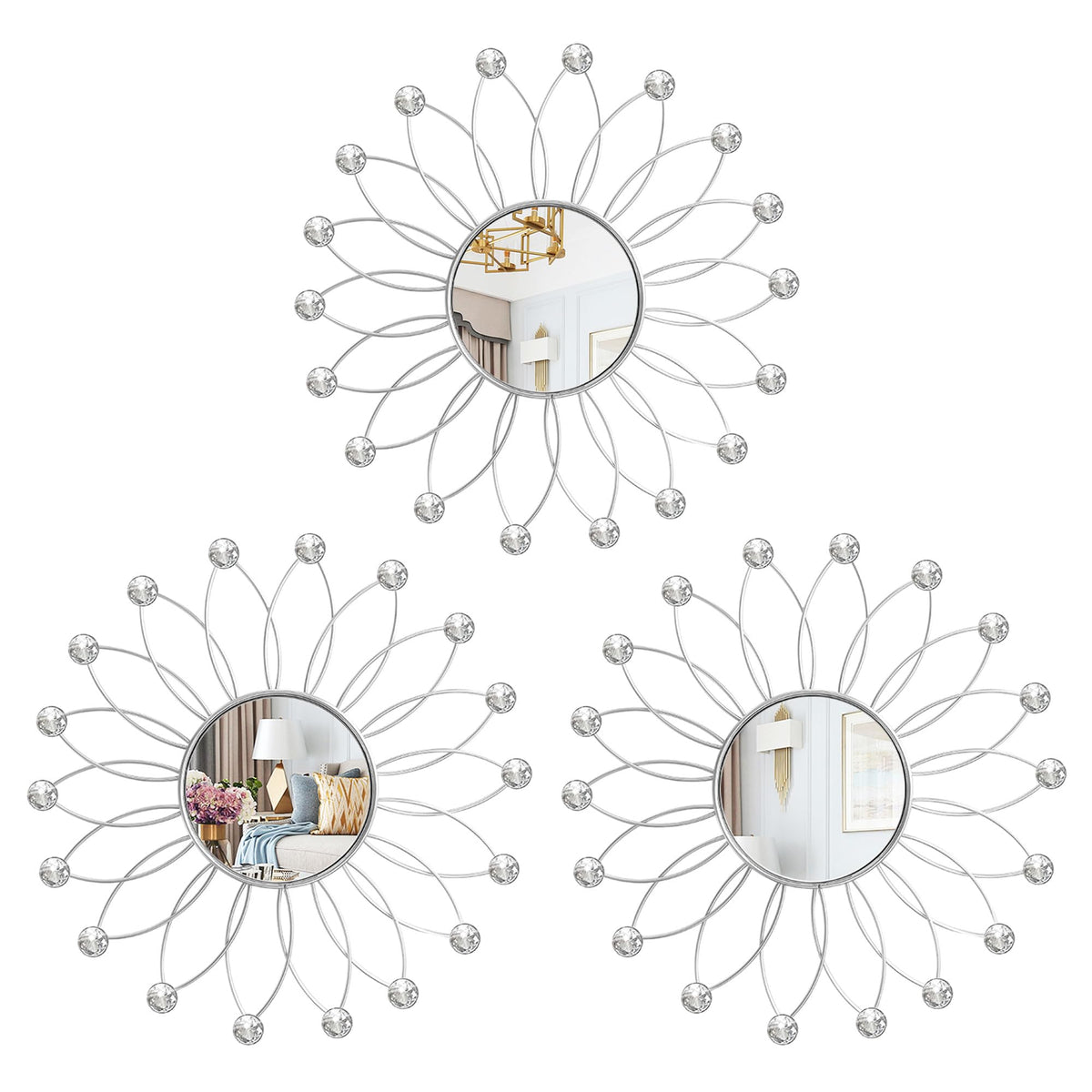 Gold Metal Sunburst Decorative Wall Mirrors, Set of 3