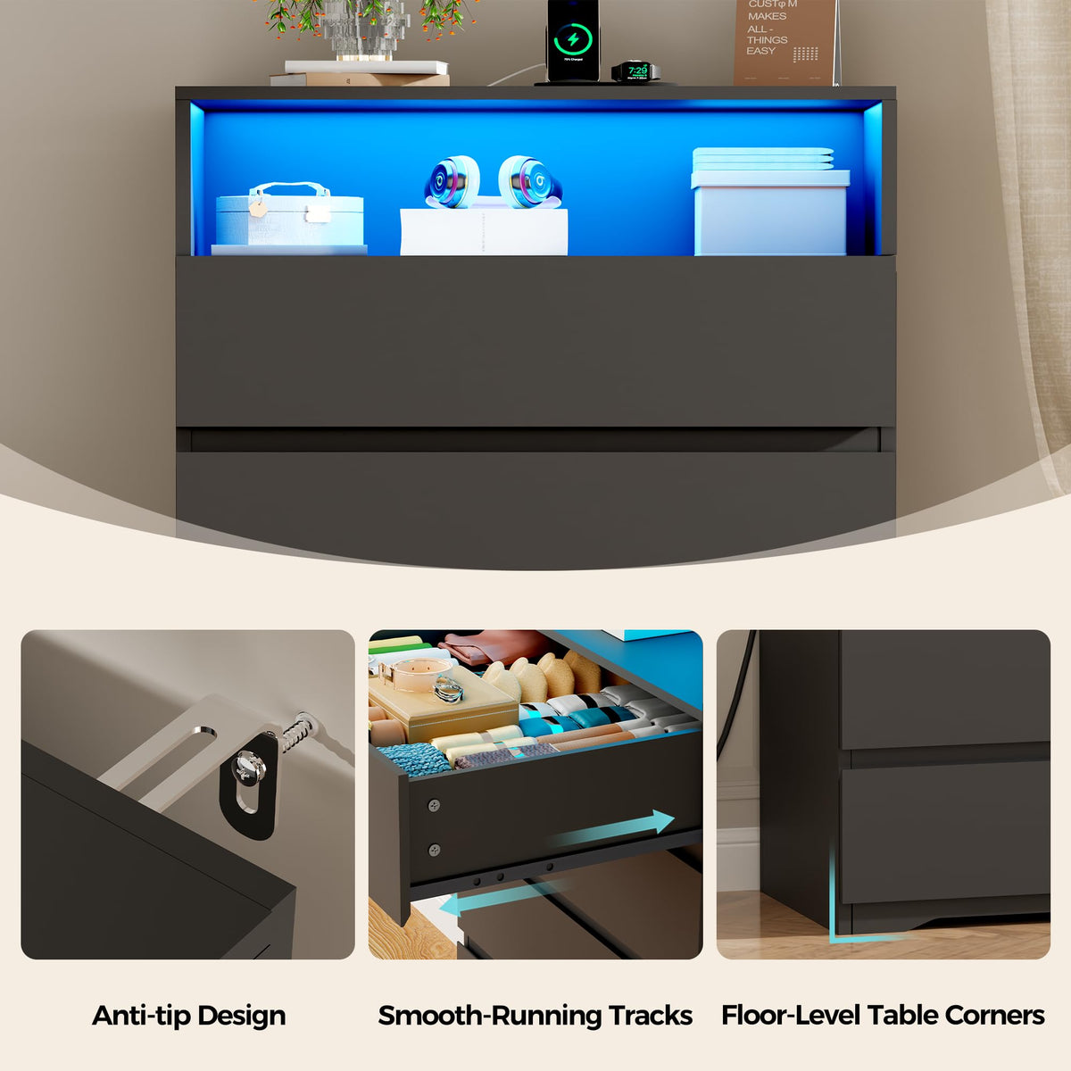 BEWISHOME Tall 5-Drawer Bedroom Dresser with LED Light
