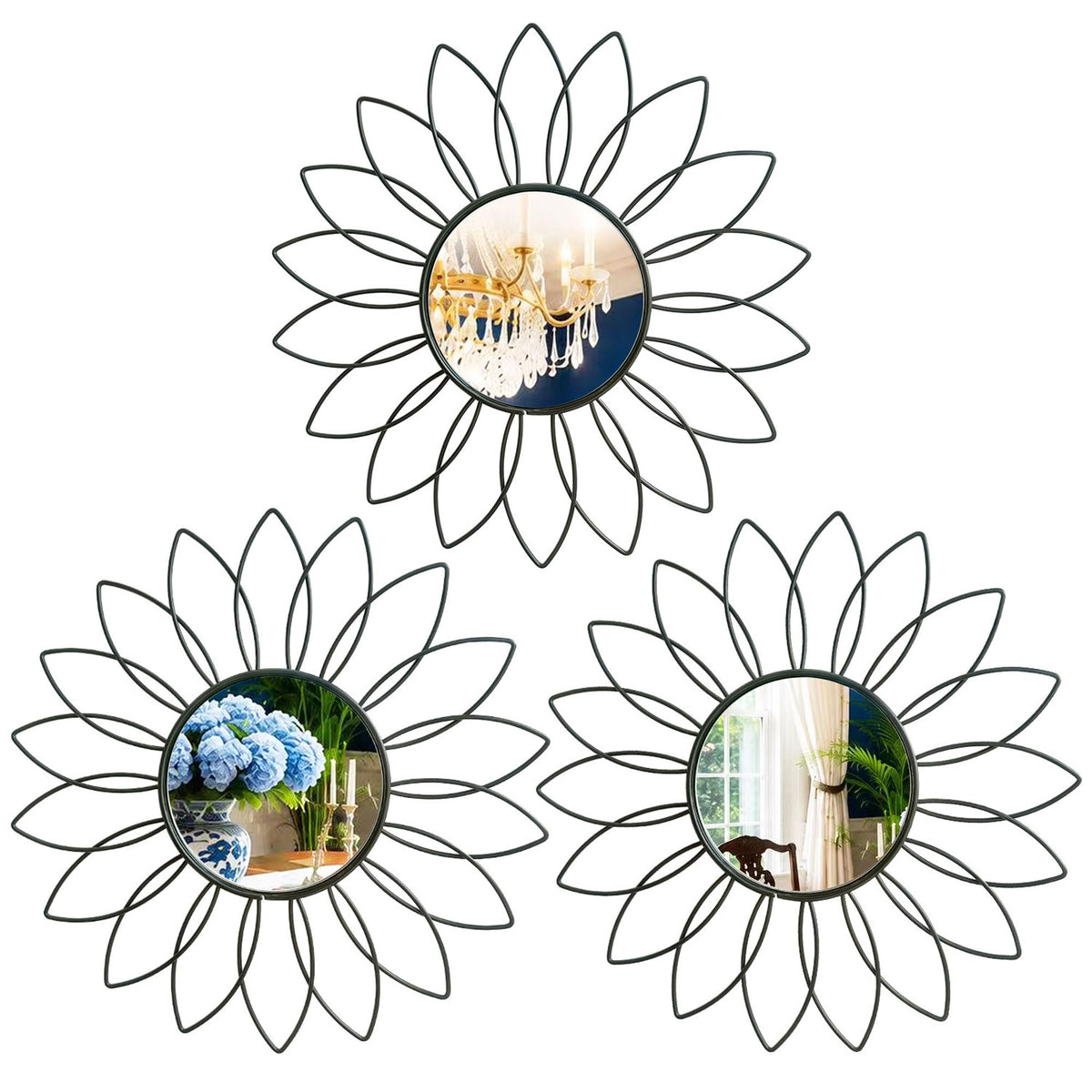 Gold Metal Sunburst Decorative Wall Mirrors, Set of 3