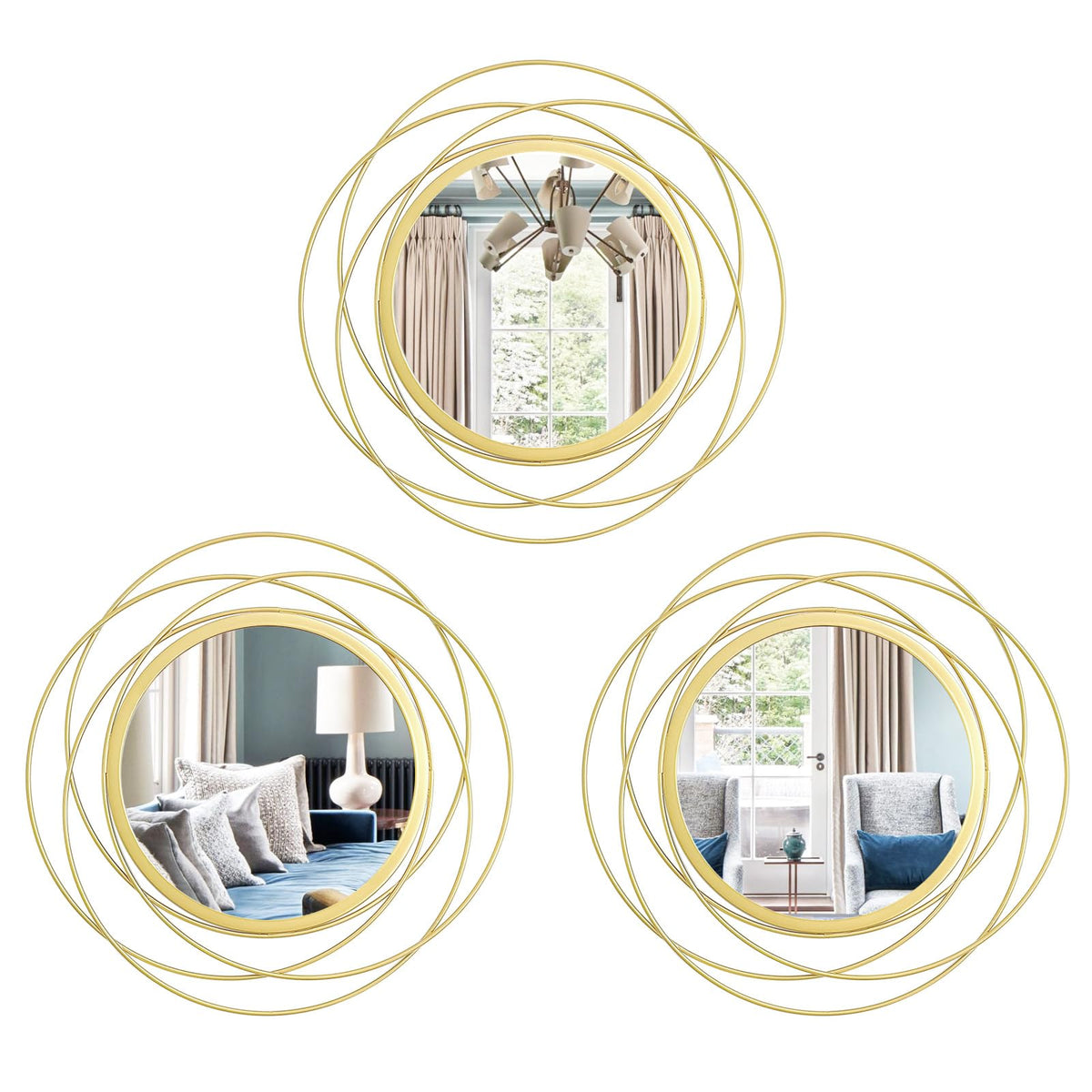 Cityelf Sunburst Round Decorative Wall Mirrors, Set of 3