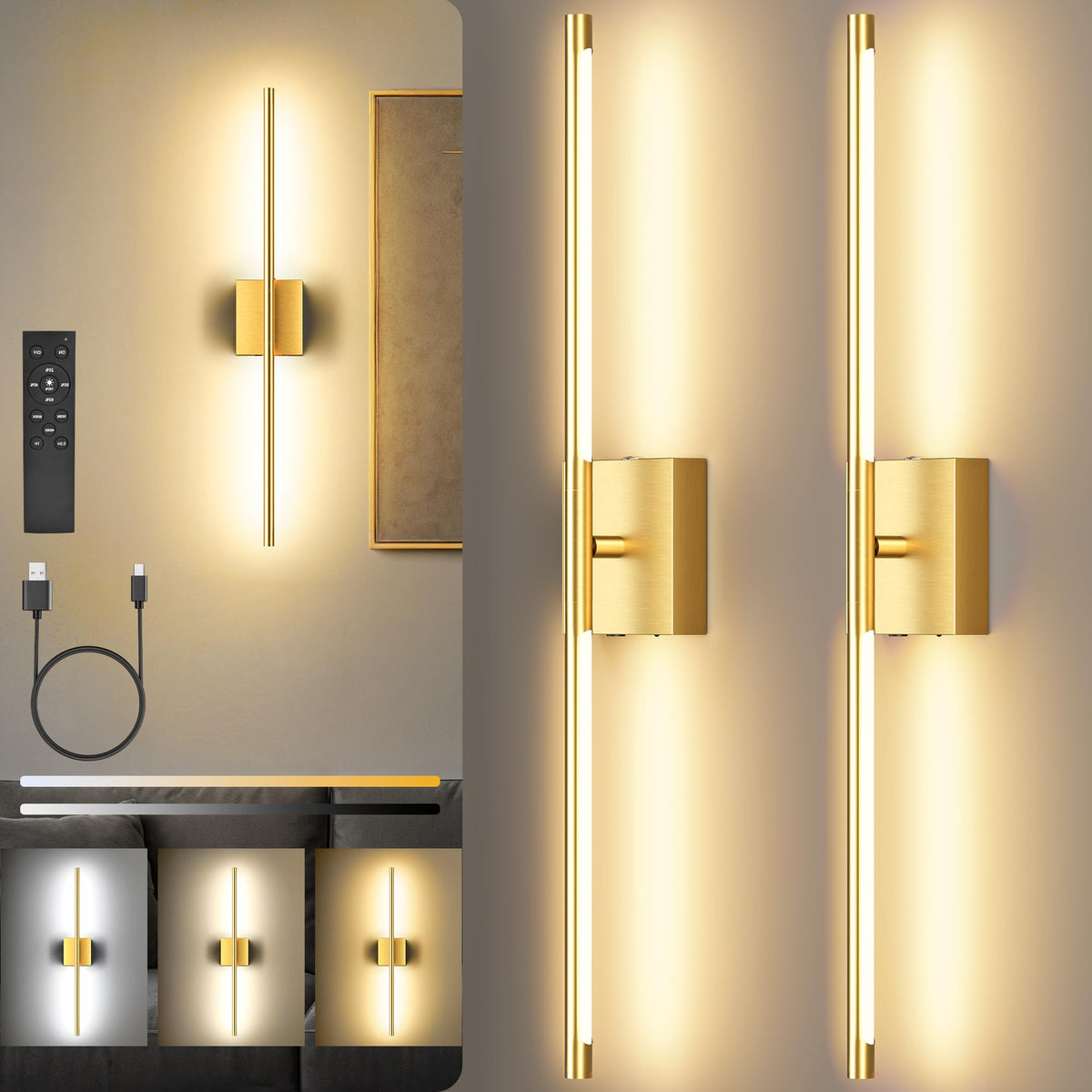 SyncGlow 10000mAh Battery-Operated Wall Sconces, Set of 2