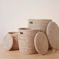 Decorative White Woven Wicker Storage Basket with Lid