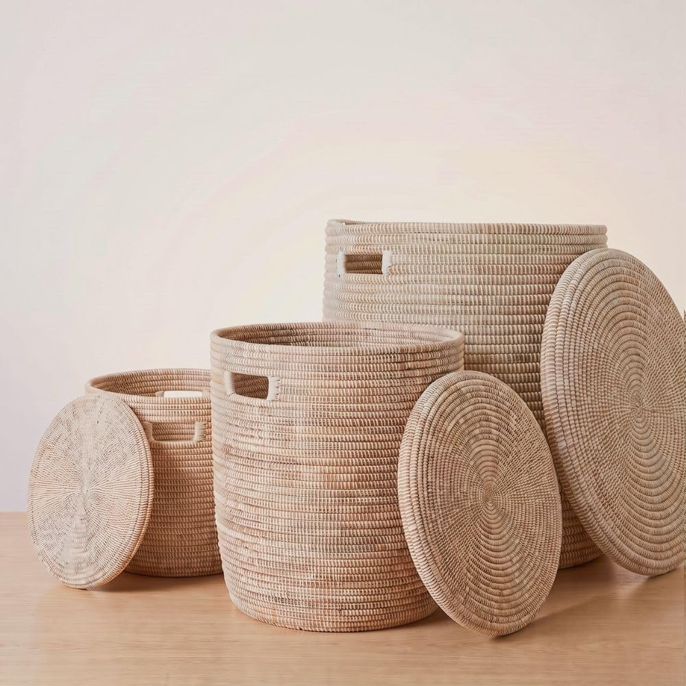 Decorative White Woven Wicker Storage Basket with Lid