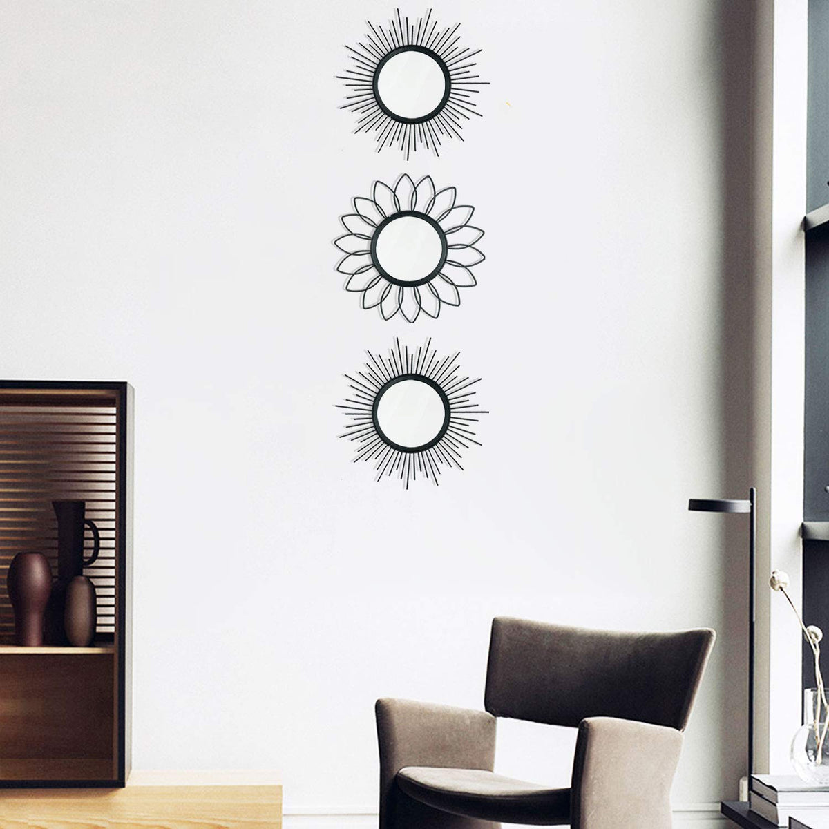 Gold Metal Sunburst Decorative Wall Mirrors, Set of 3