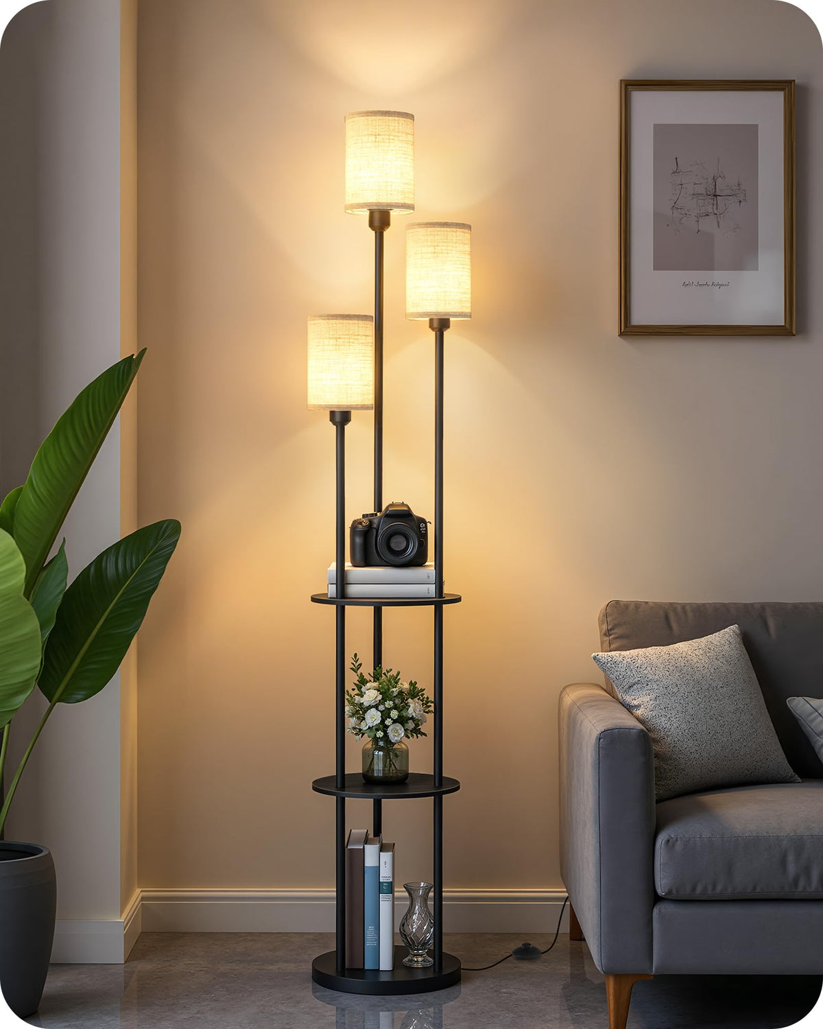 GOEBLESON 3-Light Floor Lamp with Shelves & Foot Switch