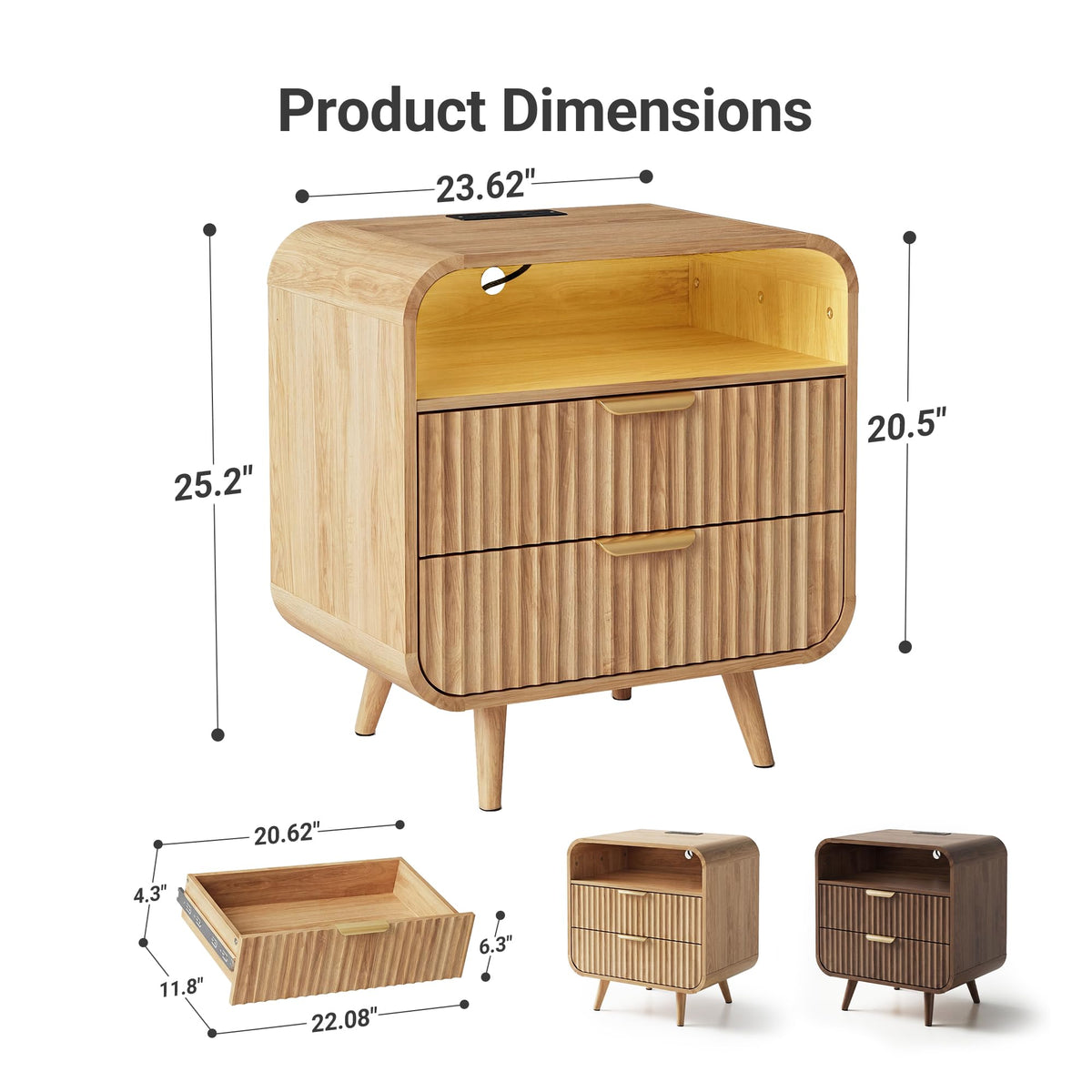 Curved 2-Drawer Nightstand with Charging Station & LED Light
