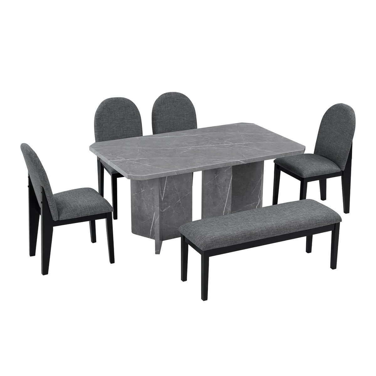 6-Piece Grey Faux Marble Dining Set with Chairs & Bench