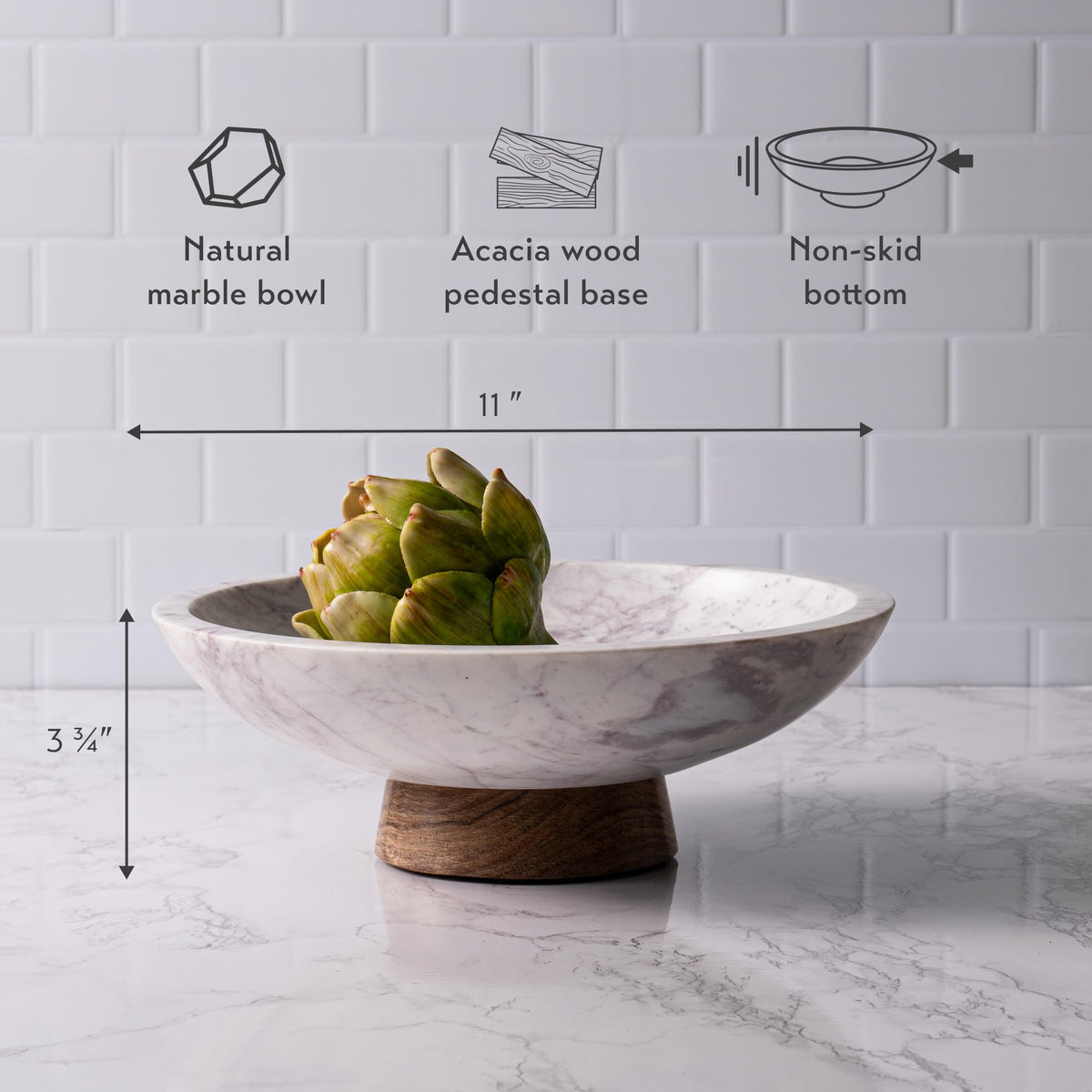 Cork & Mill 11-Inch Marble Bowl with Acacia Wood Pedestal