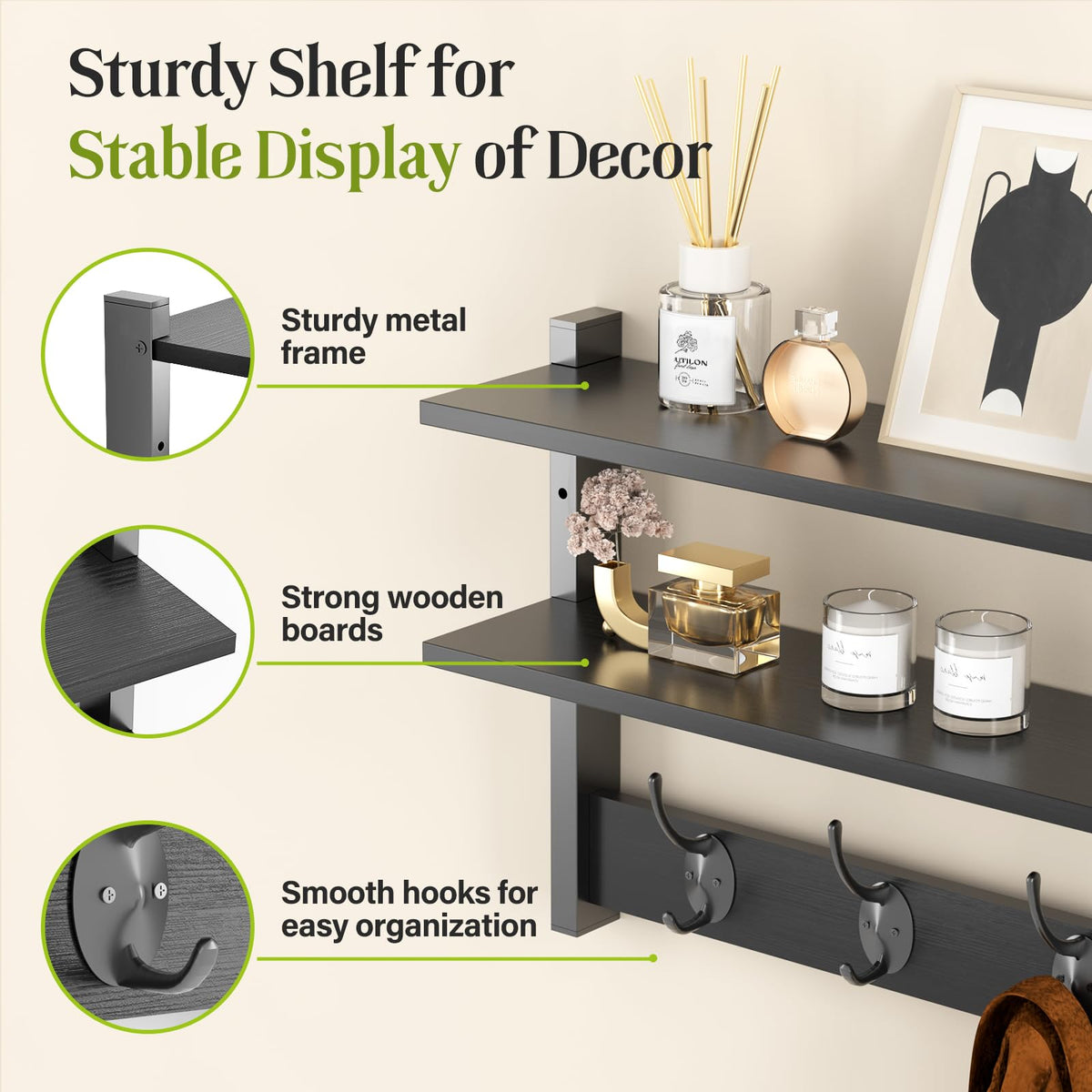 Orapoke 17-Inch Wall Shelf with 5 Double Coat Hooks
