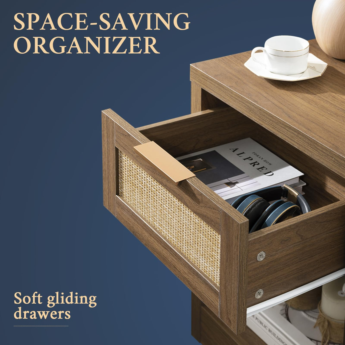 OAKHAM Boho Nightstand with Drawer & Storage Shelf