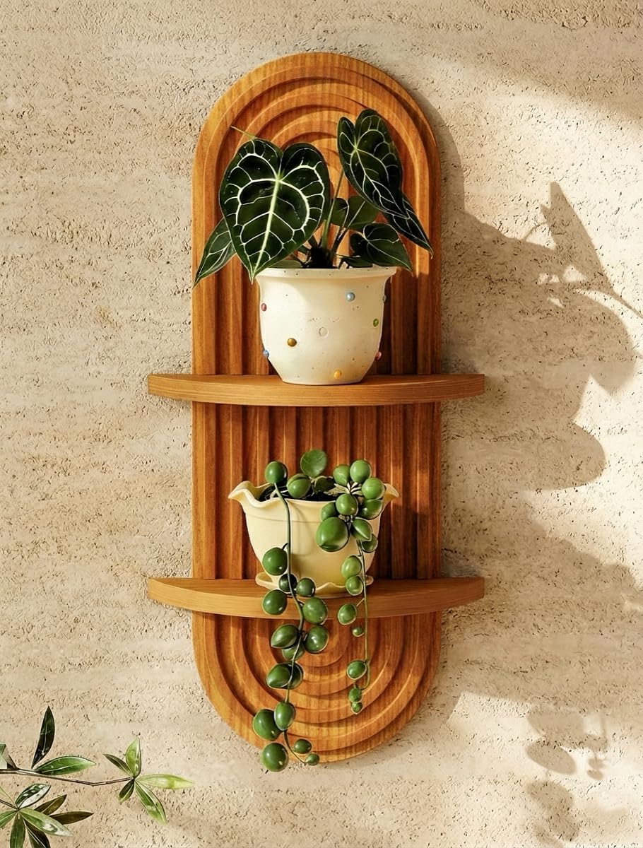 Bamworld Boho 2-Tier Wooden Plant Wall Shelf & Holder
