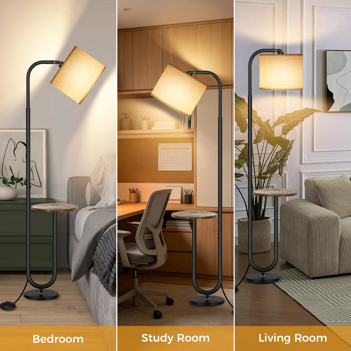 65'' Black Arc Floor Lamp with Table and Shelves with 3 Color Temperatures